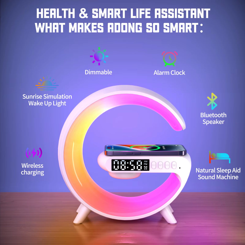 Smart Speaker Control Alarm Clock with RGB Night Light and 15W Wireless Charger