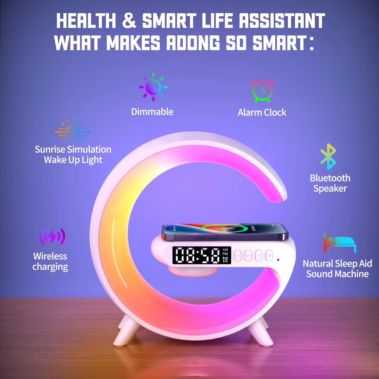 Smart Speaker Control Alarm Clock with RGB Night Light and 15W Wireless Charger