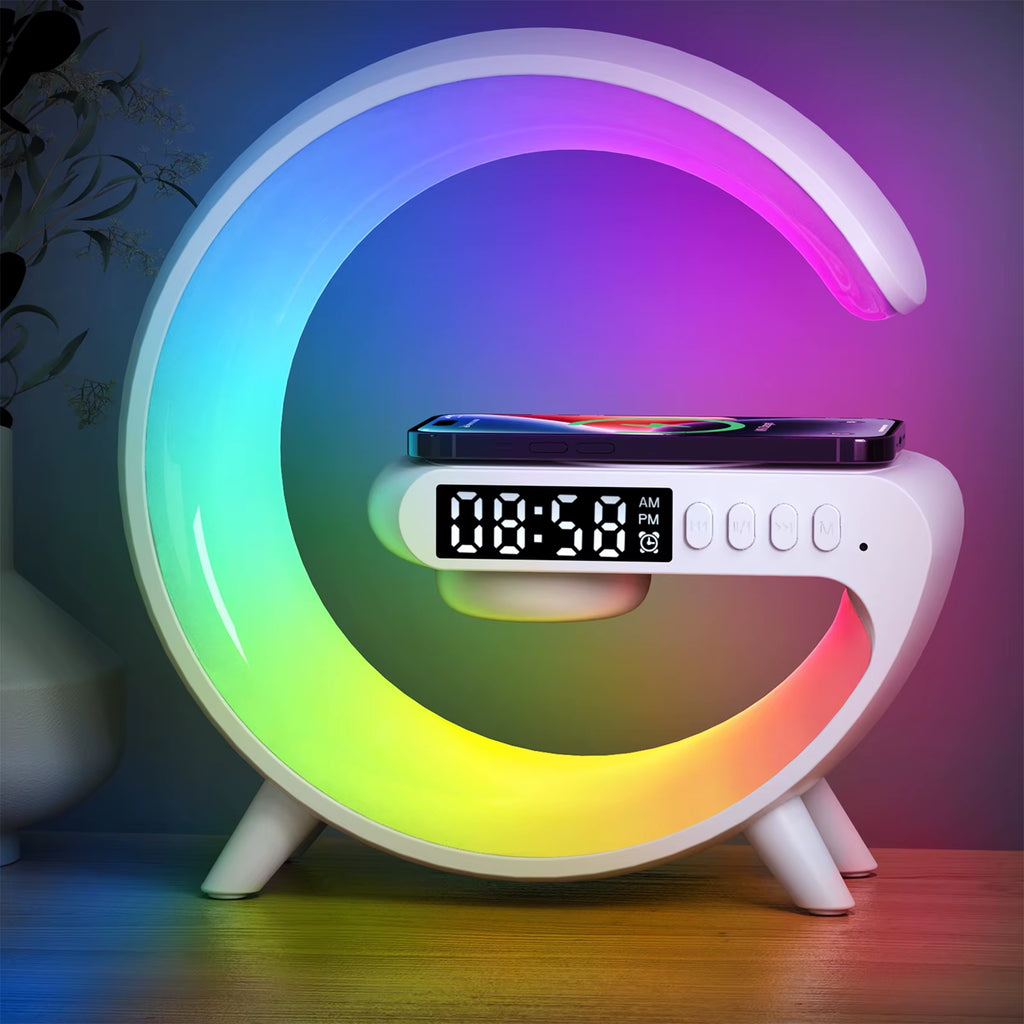Smart Speaker Control Alarm Clock with RGB Night Light and 15W Wireless Charger