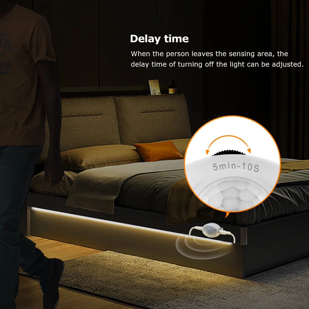 Wireless PIR Motion Sensor LED Under-Bed Night Light - 12V LED Light Strip for Kitchen Cabinets, Bedrooms, Stairs, Hallways, and Emergency Use