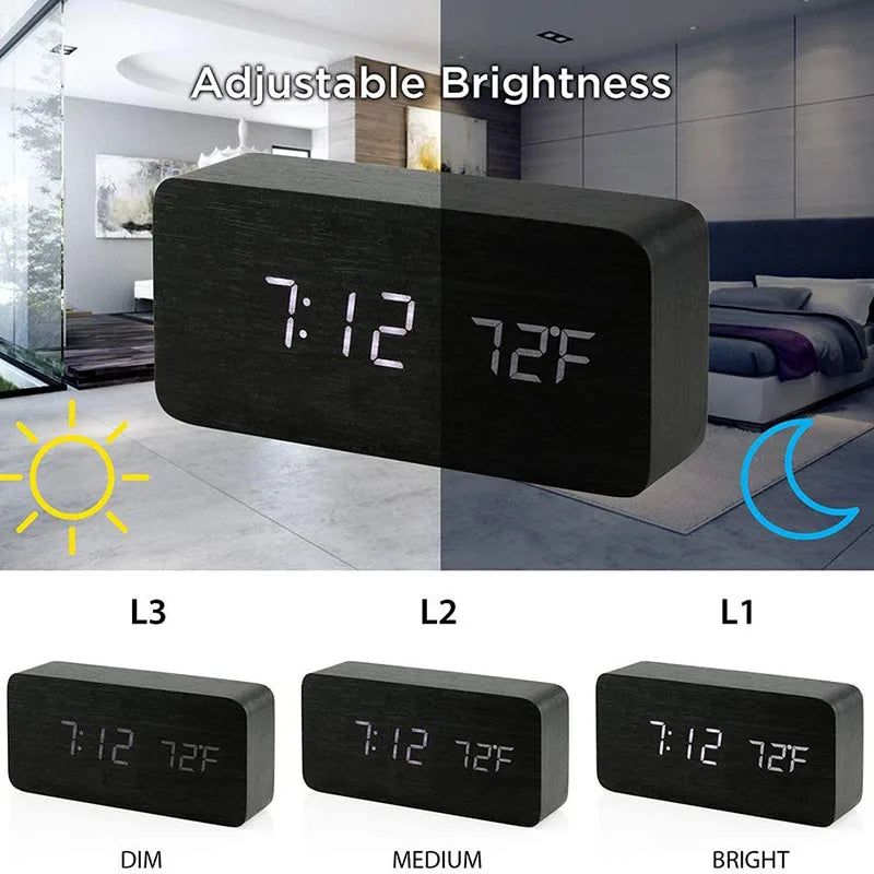 Wooden LED Digital Alarm Clock with Temperature Display for Office and Bedroom Use