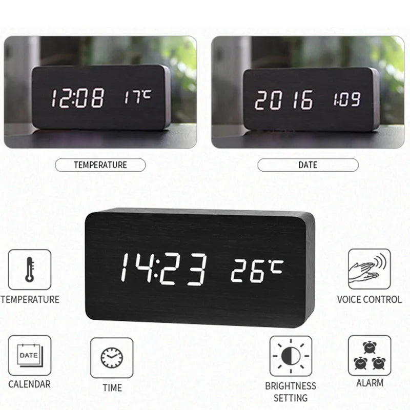 Wooden LED Digital Alarm Clock with Temperature Display for Office and Bedroom Use