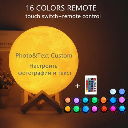 Photo Custom 3D Printing Moon Night Light Novelty Lamp USB Rechargeable Table Decoration Touch/Remote 2/16 Colors Moonlight