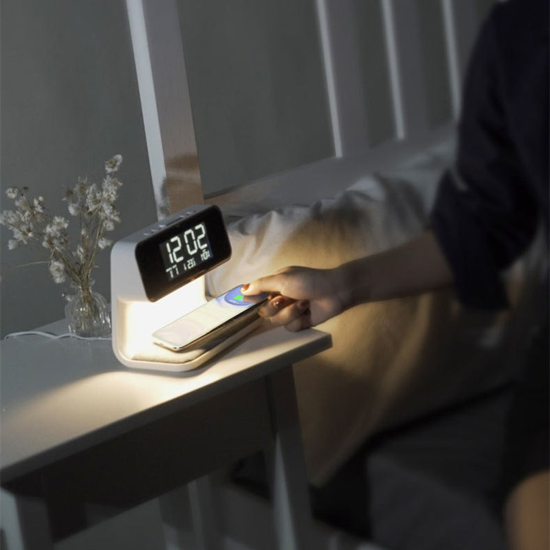 3-in-1 Bedside Lamp with Wireless Charging, LCD Clock, and Phone Charger
