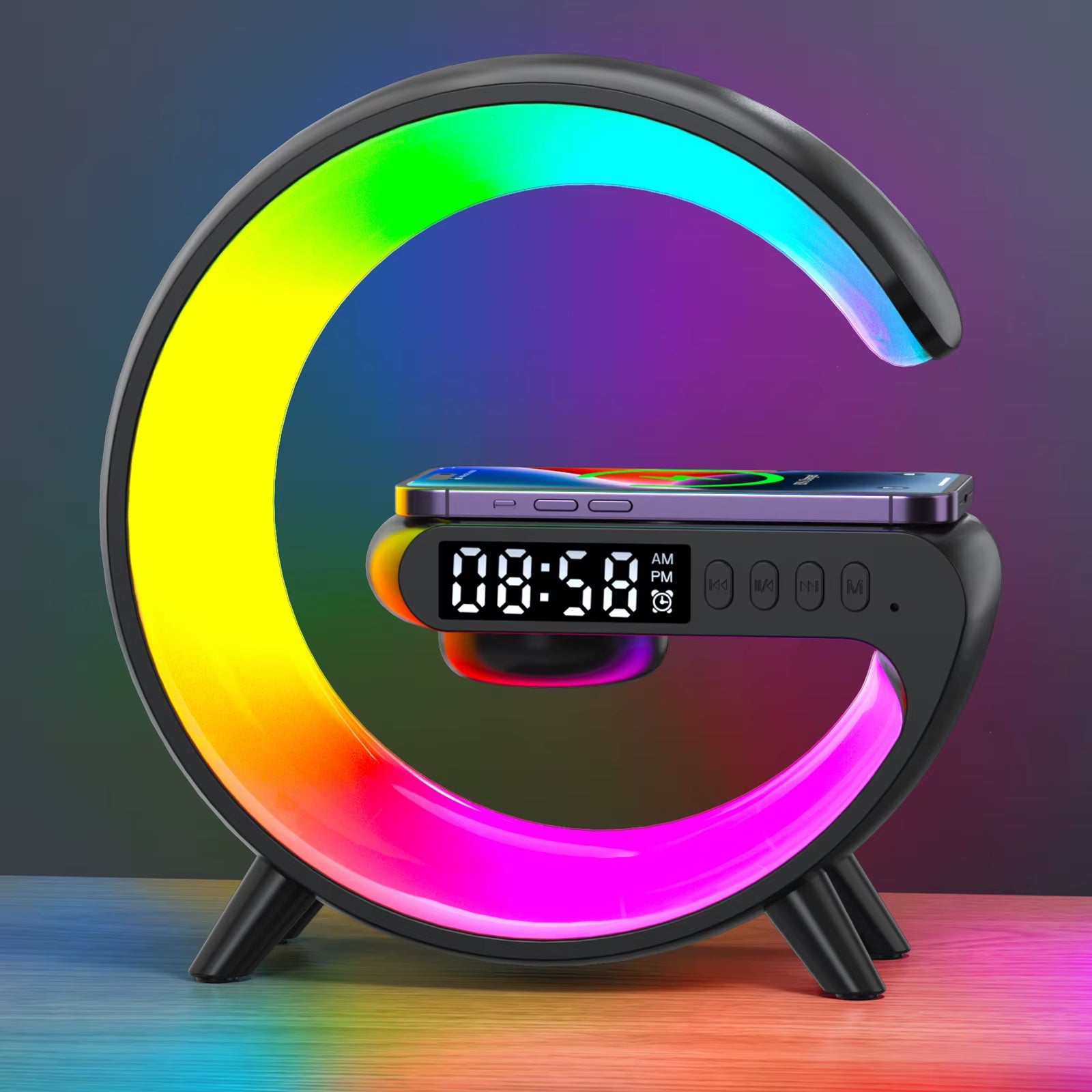 Smart Speaker Control Alarm Clock with RGB Night Light and 15W Wireless Charger