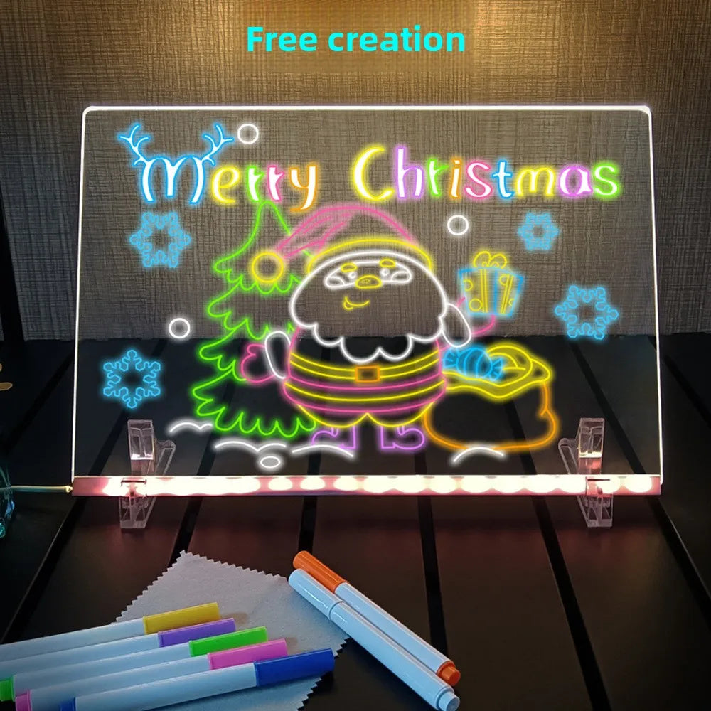 LED Drawing Board - DIY Acrylic Art Board with Color Pens, Illuminated Note Board for Kids, Luminous Blackboard and Wordpad with Night Light Feature