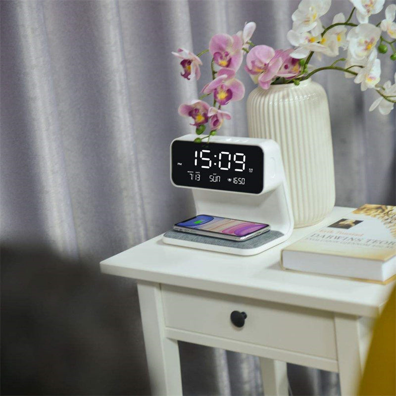 3-in-1 Bedside Lamp with Wireless Charging, LCD Clock, and Phone Charger