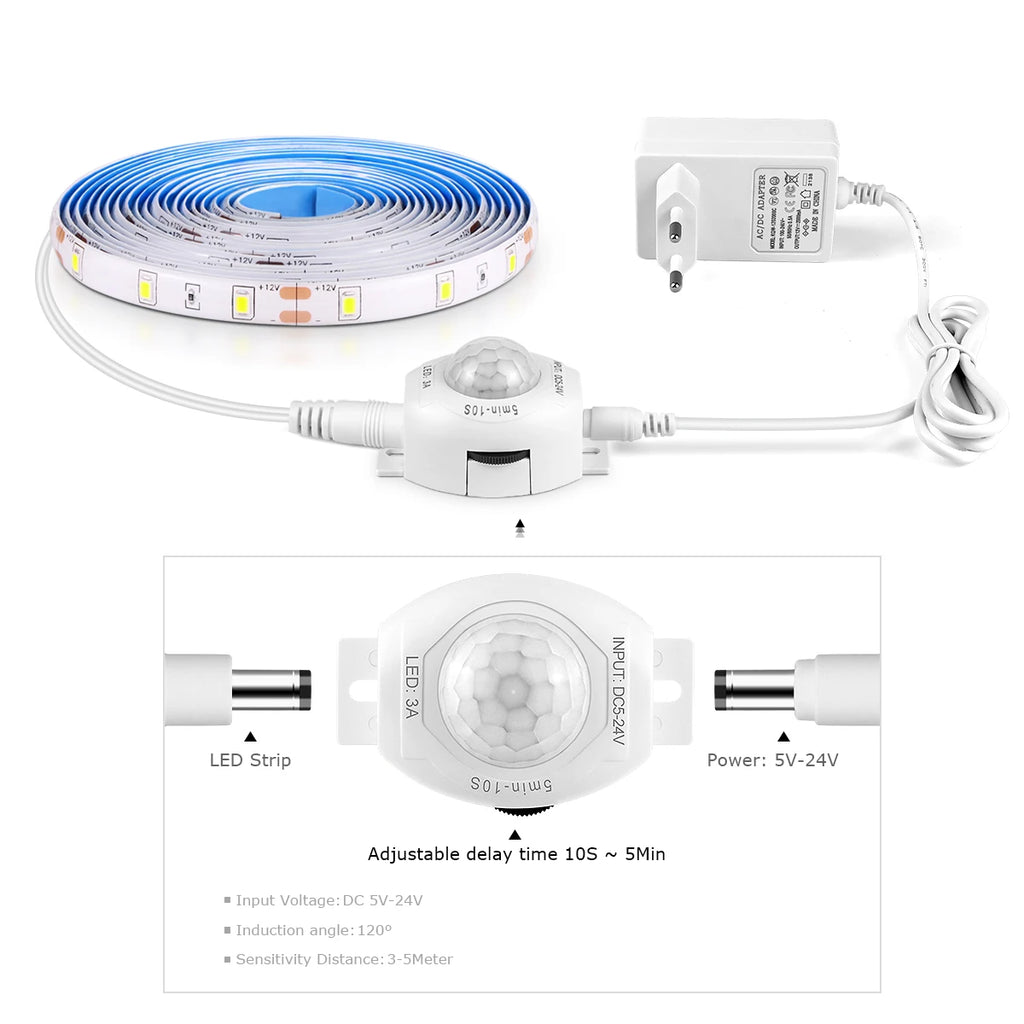 Wireless PIR Motion Sensor LED Under-Bed Night Light - 12V LED Light Strip for Kitchen Cabinets, Bedrooms, Stairs, Hallways, and Emergency Use