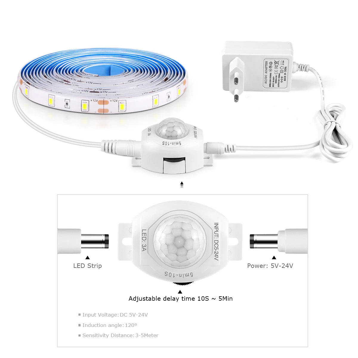 Wireless PIR Motion Sensor LED Under-Bed Night Light - 12V LED Light Strip for Kitchen Cabinets, Bedrooms, Stairs, Hallways, and Emergency Use