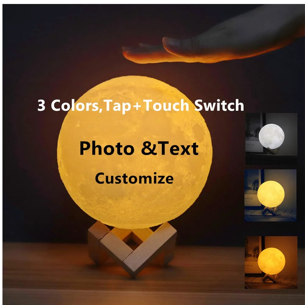 Photo Custom 3D Printing Moon Night Light Novelty Lamp USB Rechargeable Table Decoration Touch/Remote 2/16 Colors Moonlight