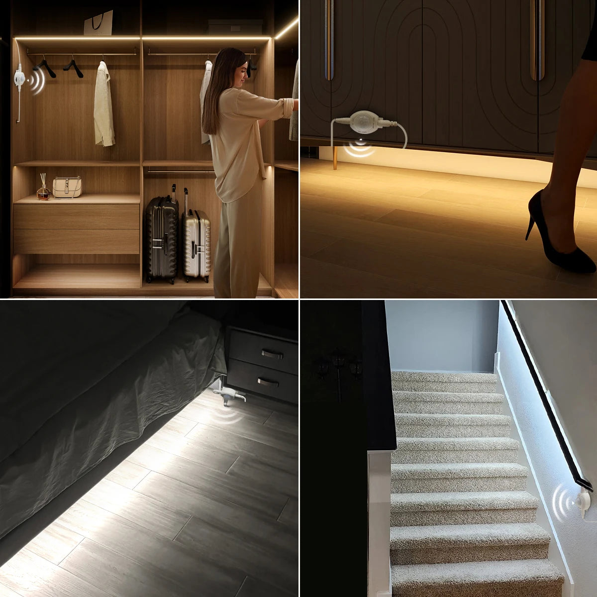 Wireless PIR Motion Sensor LED Under-Bed Night Light - 12V LED Light Strip for Kitchen Cabinets, Bedrooms, Stairs, Hallways, and Emergency Use