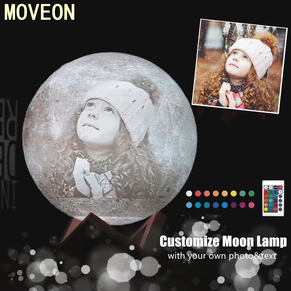 Photo Custom 3D Printing Moon Night Light Novelty Lamp USB Rechargeable Table Decoration Touch/Remote 2/16 Colors Moonlight