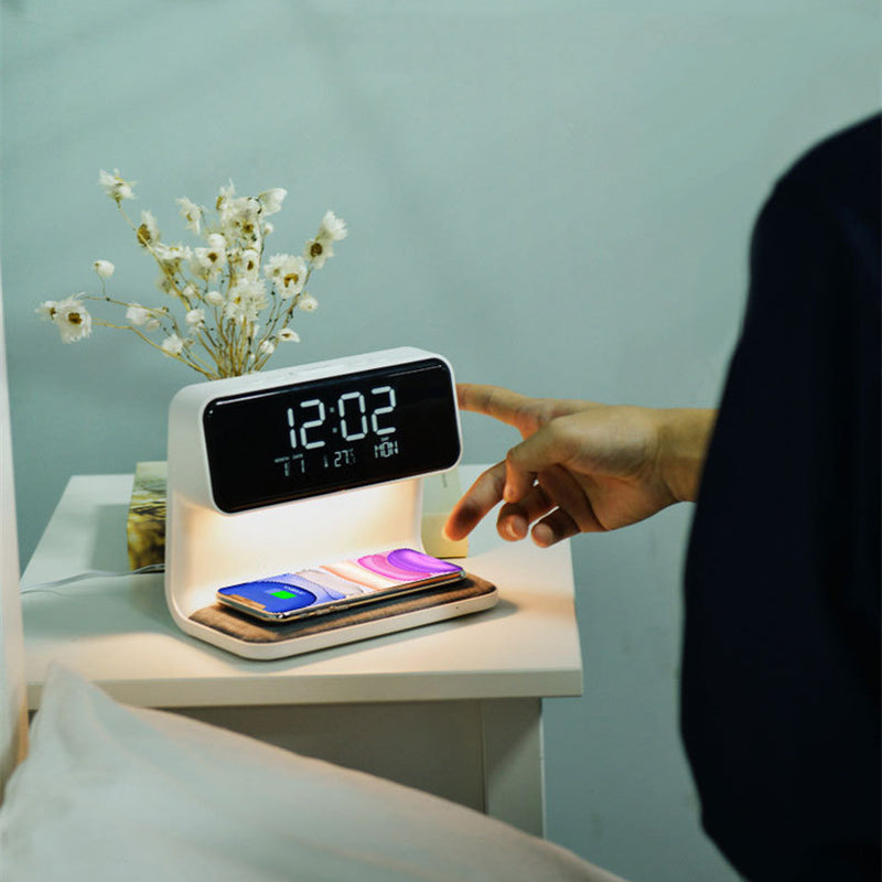 3-in-1 Bedside Lamp with Wireless Charging, LCD Clock, and Phone Charger