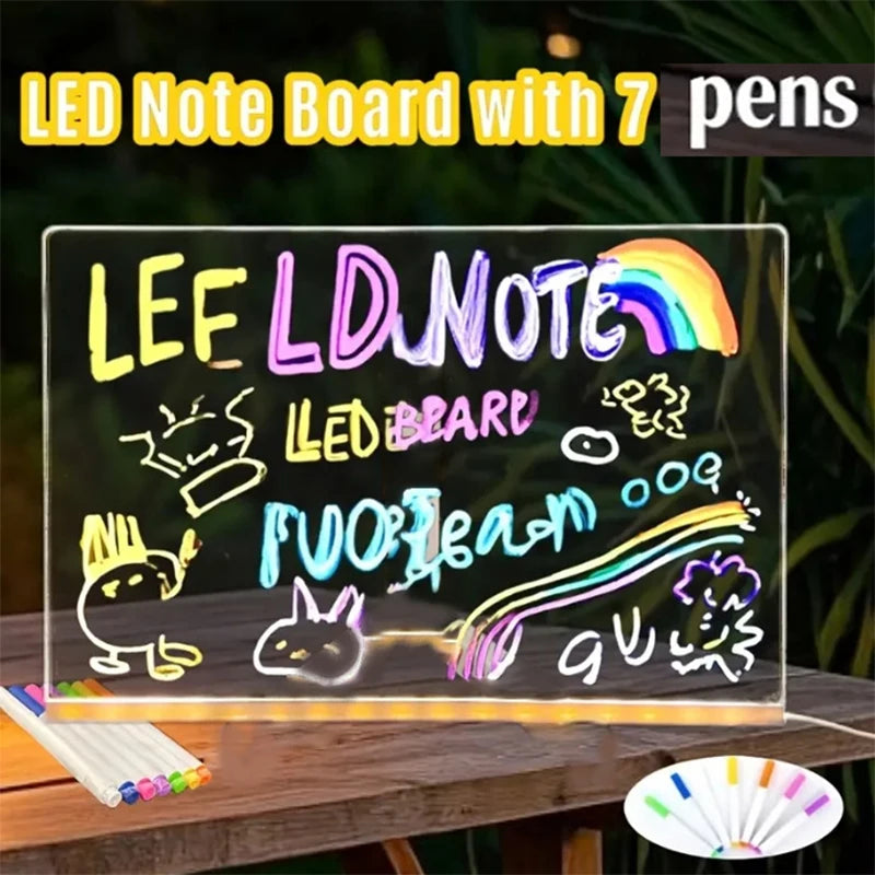 LED Drawing Board - DIY Acrylic Art Board with Color Pens, Illuminated Note Board for Kids, Luminous Blackboard and Wordpad with Night Light Feature