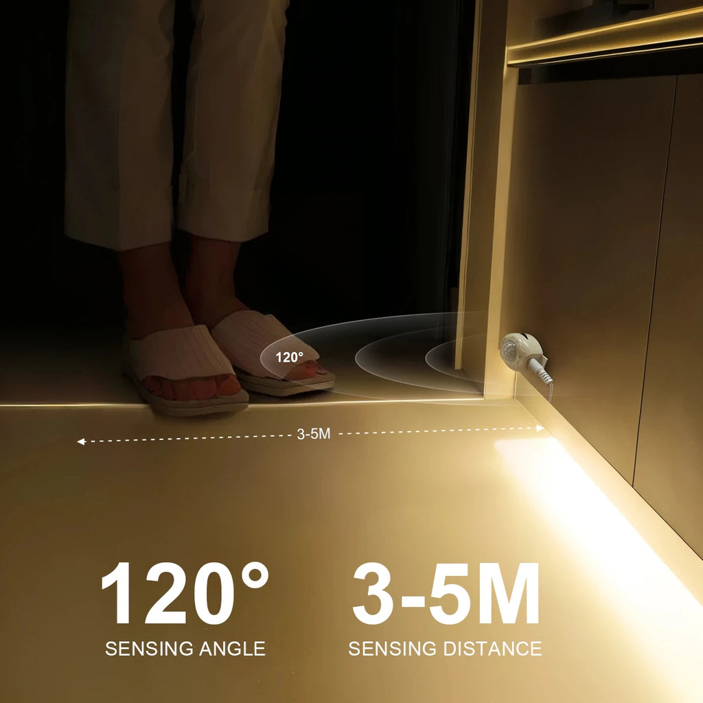 Wireless PIR Motion Sensor LED Under-Bed Night Light - 12V LED Light Strip for Kitchen Cabinets, Bedrooms, Stairs, Hallways, and Emergency Use