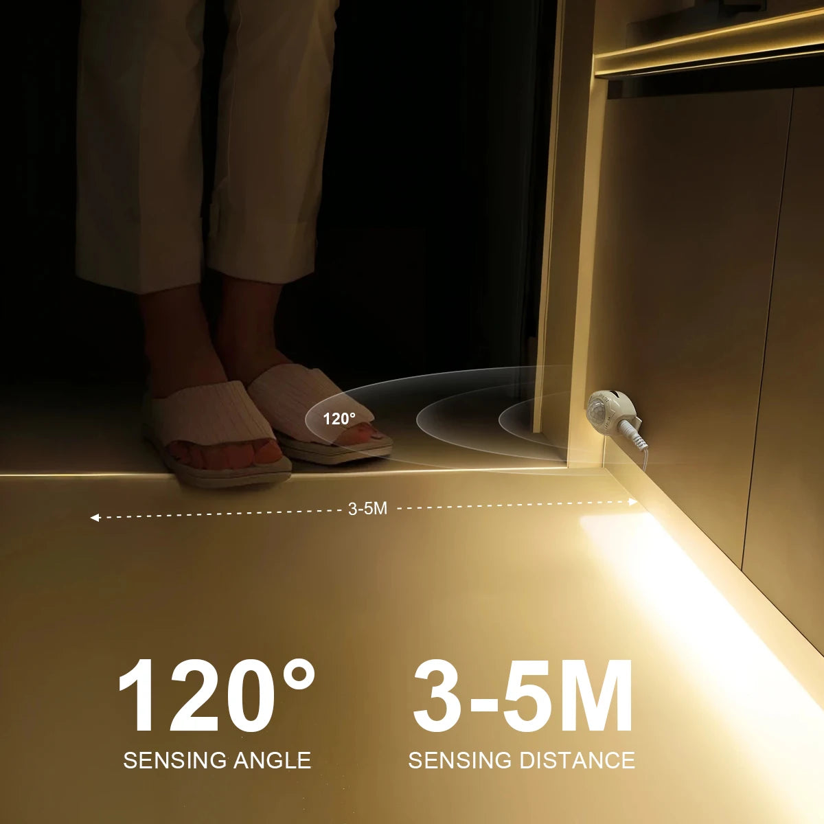 Wireless PIR Motion Sensor LED Under-Bed Night Light - 12V LED Light Strip for Kitchen Cabinets, Bedrooms, Stairs, Hallways, and Emergency Use
