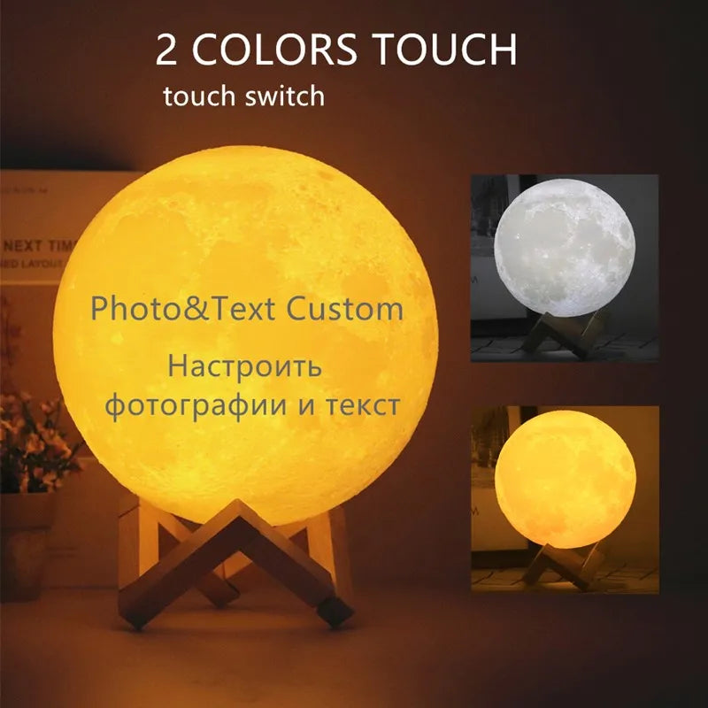 Photo Custom 3D Printing Moon Night Light Novelty Lamp USB Rechargeable Table Decoration Touch/Remote 2/16 Colors Moonlight