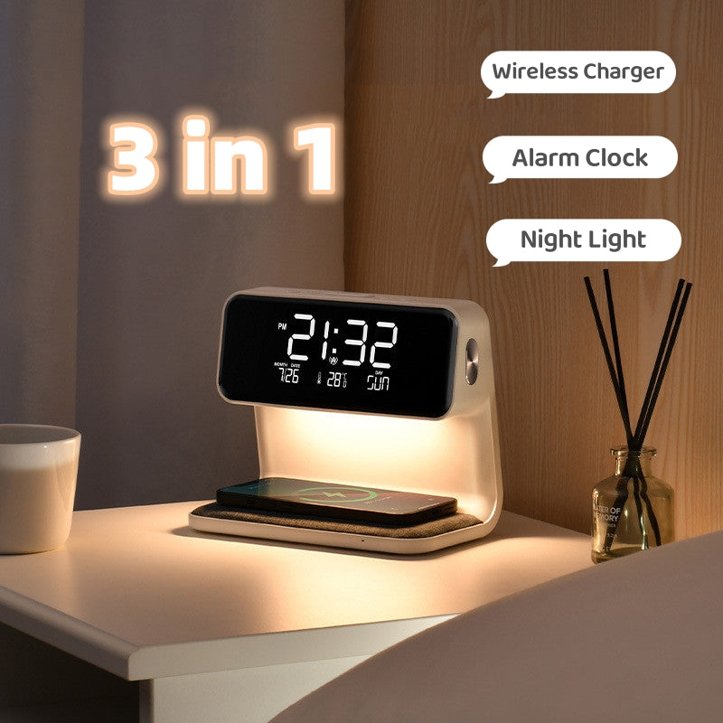 3-in-1 Bedside Lamp with Wireless Charging, LCD Clock, and Phone Charger