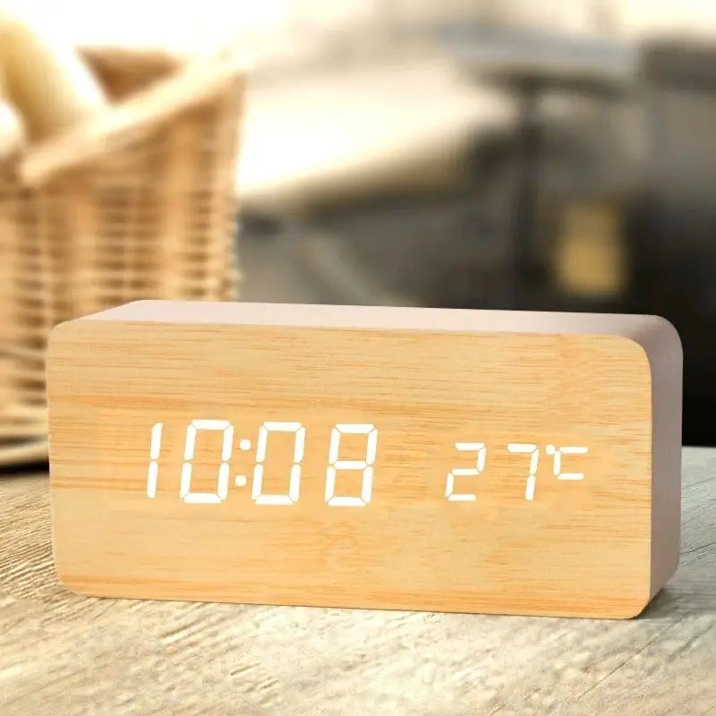 Wooden LED Digital Alarm Clock with Temperature Display for Office and Bedroom Use