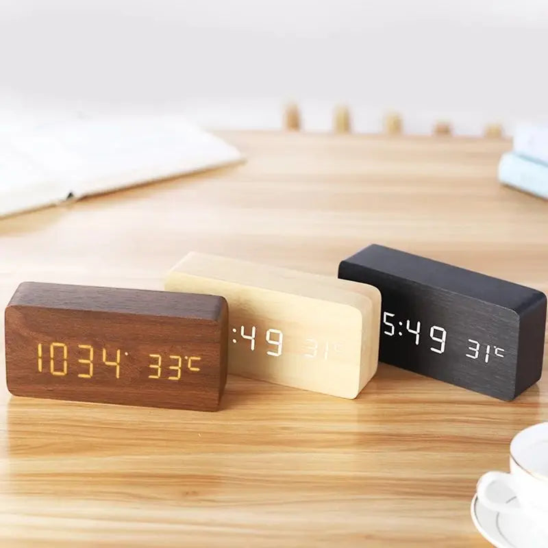 Wooden LED Digital Alarm Clock with Temperature Display for Office and Bedroom Use