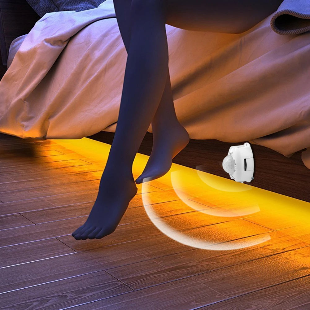 Wireless PIR Motion Sensor LED Under-Bed Night Light - 12V LED Light Strip for Kitchen Cabinets, Bedrooms, Stairs, Hallways, and Emergency Use