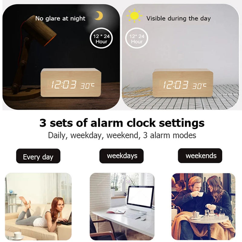 Wooden LED Digital Alarm Clock with Temperature Display for Office and Bedroom Use