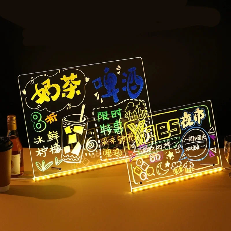 LED Drawing Board - DIY Acrylic Art Board with Color Pens, Illuminated Note Board for Kids, Luminous Blackboard and Wordpad with Night Light Feature